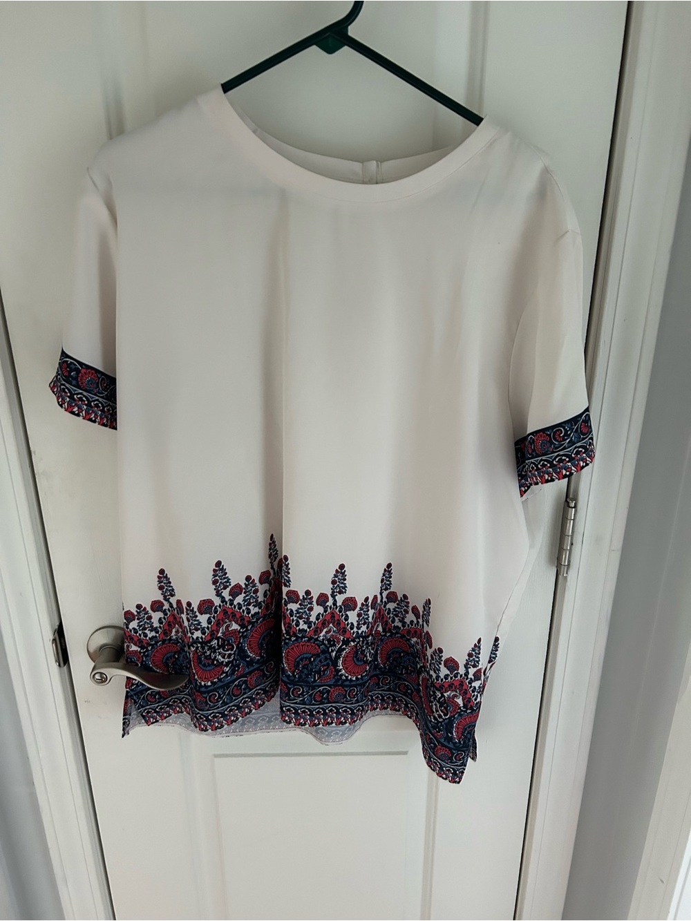 LOFT Ivory Short Sleeve Blouse with Navy & Red Paisley Trim